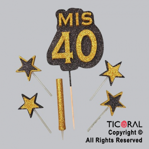 ADORNO DE TORTA SET MIS 40 CON 4 ESTRELLAS Y BENGALA GIBRE ORO x 1